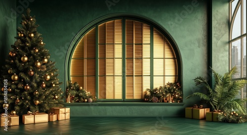 Christmas Tree and Decorations in a Cozy Green Room With Large Window