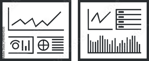 Clean line art vector illustration of data analytics dashboards featuring various charts and graphs for business reporting