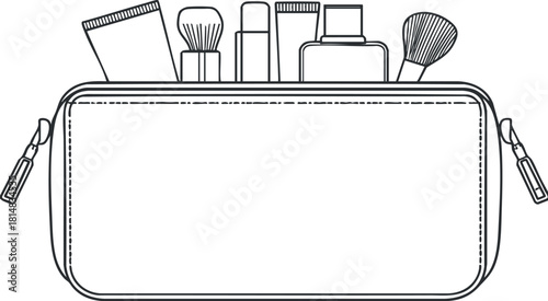 Outline vector illustration of a cosmetics bag filled with beauty products for branding and design projects