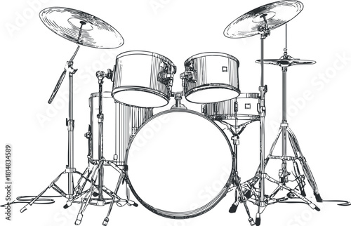Line art illustration of a drum kit featuring a bass drum, snare, and cymbals for music and design projects