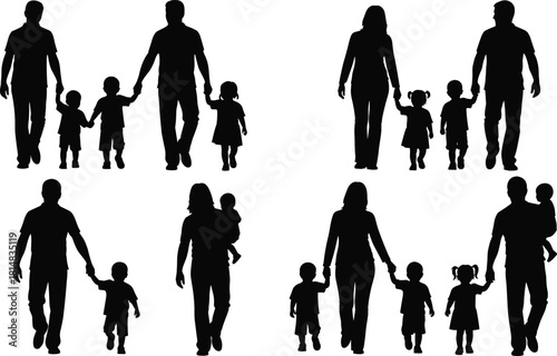 Family silhouette, parents and children, group icon, black vector, lifestyle symbol, togetherness theme, relationship bond, flat vector illustration