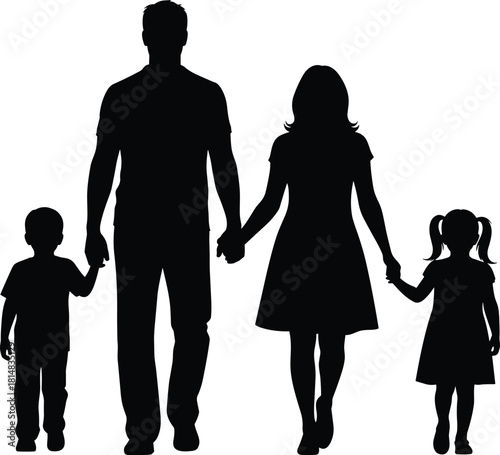 Family silhouette, parents and children, unity symbol, black vector, togetherness theme, lifestyle icon, love bond, flat vector illustration