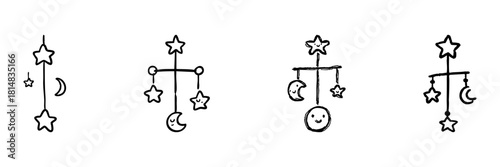 Baby Mobile Line Icon Set In Doodle Style. Nursery Decor, Infant Sleep Aid, And Baby Room Decoration Outline Sketch Collection. Hand Drawn Isolated Vector Illustration