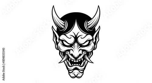 Intricate Japanese Hannya Mask Illustration with Horns and Fangs.