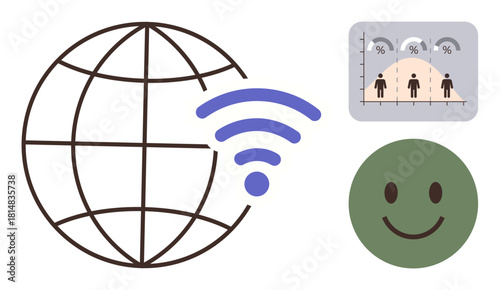 Globe with wireless signal, demographic analysis chart, and smiling face representing digital connectivity, statistical insights, communication. Ideal for technology, analytics, satisfaction, online