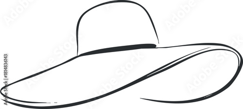 Minimalist outline vector illustration of a wide-brim hat for fashion and summer accessory design.