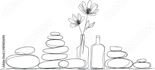 Elegant line art illustration featuring stacked stones, a vase with a flower, and decorative bottles for wellness and home decor.