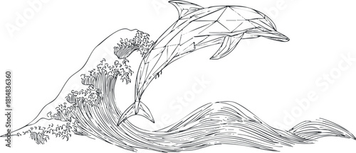 Geometric line art illustration of a dolphin jumping over stylized ocean waves, ideal for marine-themed designs and branding