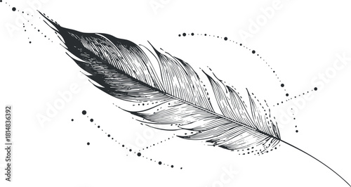 Elegant black and white vector illustration of a feather with artistic splashes for decorative design projects