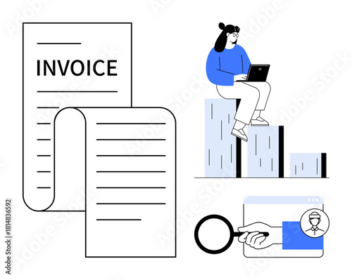 Invoice document, person on bar chart with laptop, magnifying glass highlighting profile. Ideal for finance, analytics, invoicing, decision-making, research auditing accounting. Simple flat