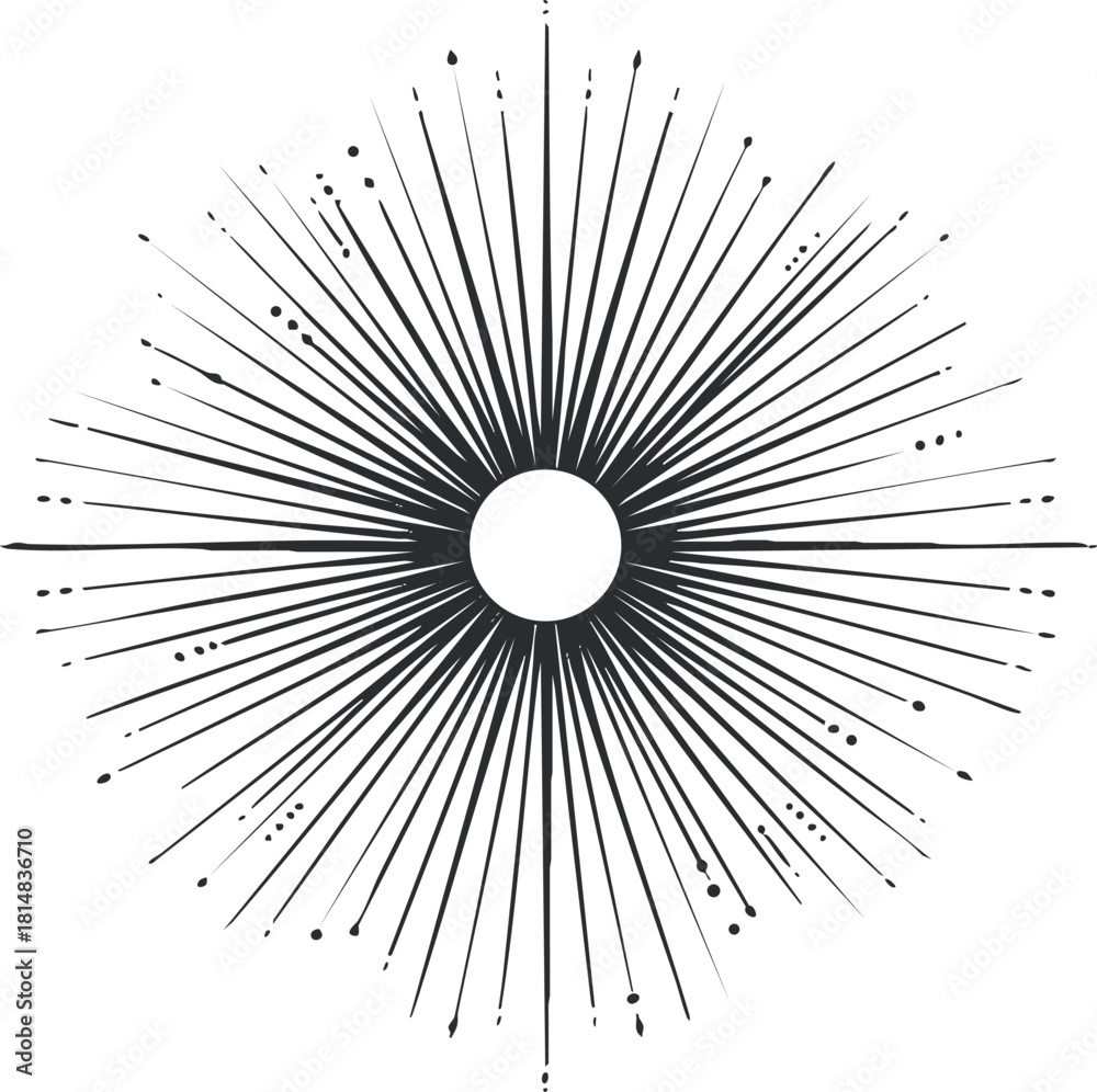 Obraz premium Stylized black and white vector illustration of a sunburst design featuring radiating lines and a central circle, ideal for modern branding and creative projects