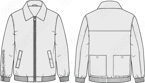 Technical jacket flat sketch, front and back view, fashion design template, zipper, collar, flap pockets, ribbed cuffs, production ready