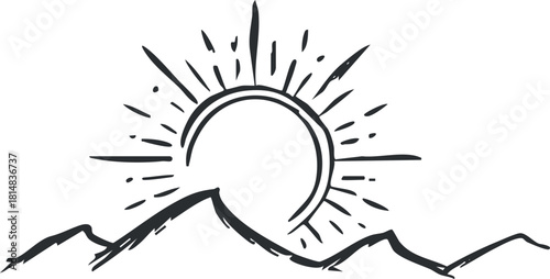 Stylized black and white vector illustration of a sun rising above mountains, perfect for nature-themed designs and outdoor branding