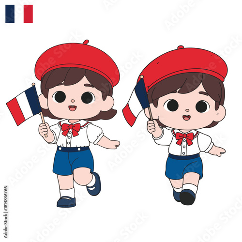 Illustration of two children in stereotypical French attire, including red berets. They are both holding French flag