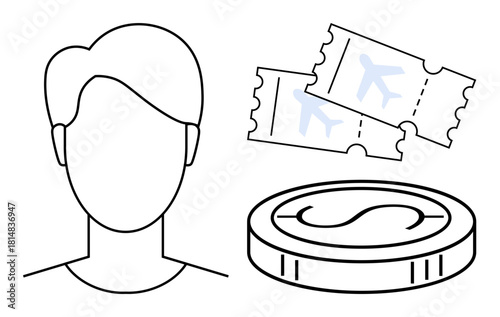 Head outline with two plane tickets and a coin symbolizing trip planning, financial management, and global journeys. Ideal for travel, budget, tourism, business trips, savings, vacation minimalism