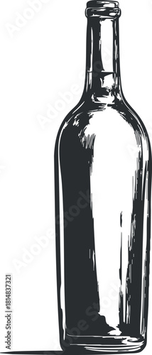 Vintage black and white vector illustration of a glass bottle, ideal for beverage branding and packaging design.