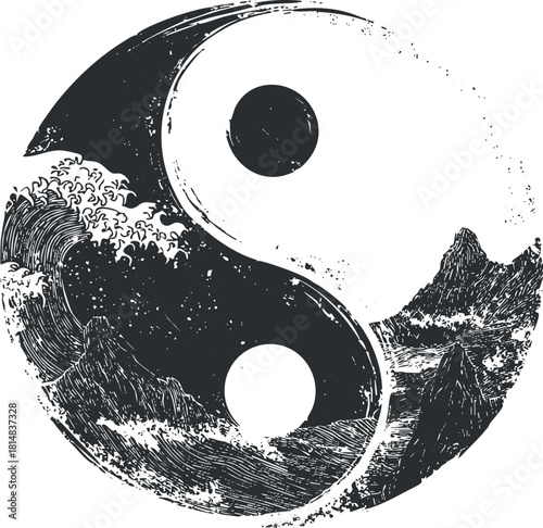 Intricate black and white vector illustration of a yin yang symbol featuring waves and mountains for design and spiritual contexts