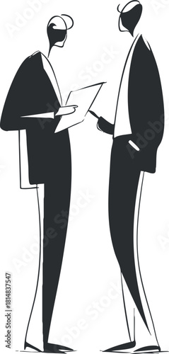 Stylish black and white vector illustration of two professionals engaged in a business discussion, ideal for corporate branding and design projects