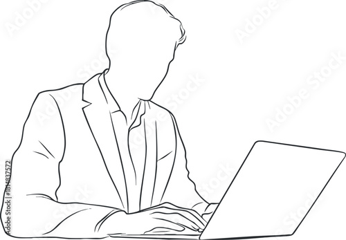 Minimalist line art illustration of a professional person working on a laptop in an office setting