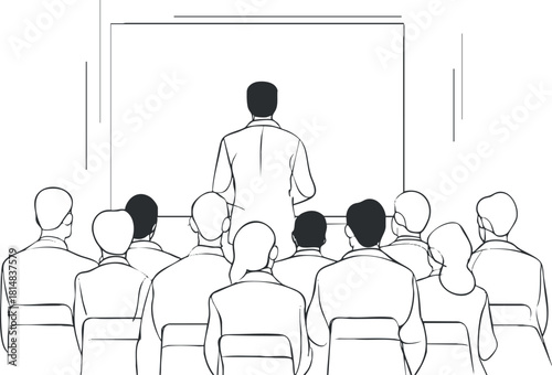 Minimalist line art illustration of a teacher presenting to an audience in a classroom setting for educational and training purposes