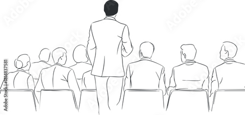 Minimalist vector illustration of a speaker presenting to an audience in a professional setting, ideal for business and training contexts