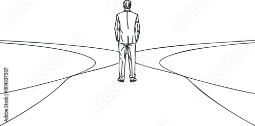 Minimalist black and white vector illustration depicting a man standing at a crossroads symbolizing decision-making and life's choices
