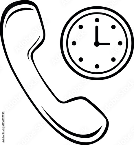 vector illustration drawing black and white icon telephone tube and clock in call time concept