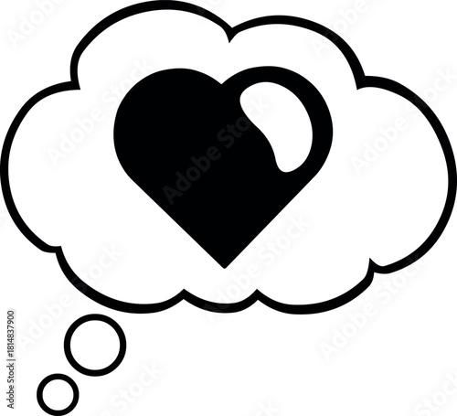 vector illustration drawing black and white cloud thought and heart in thinking about love concept icon