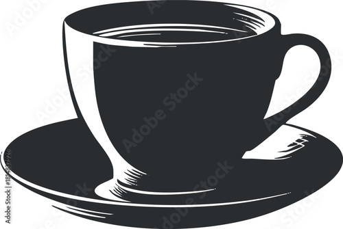 Stylized black and white vector illustration of a coffee cup and saucer for food and beverage branding