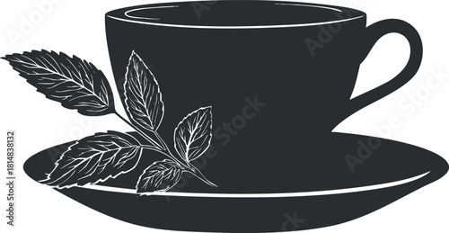 Stylized black and white vector illustration of a tea cup with leaves on a saucer for dining and wellness design