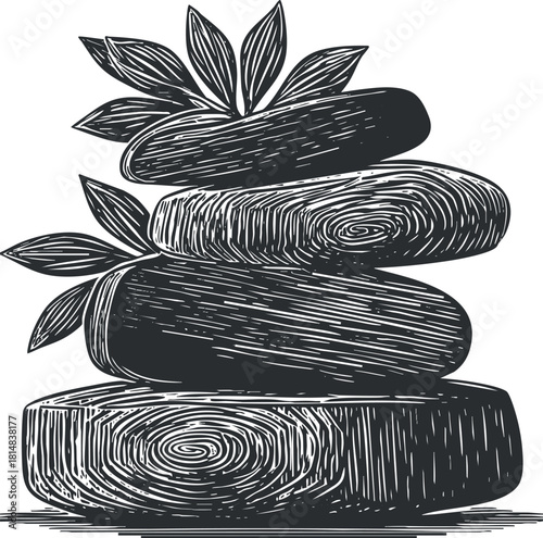 Hand-drawn black and white vector illustration of stacked stones with leaves, representing balance and tranquility for wellness and spa design.