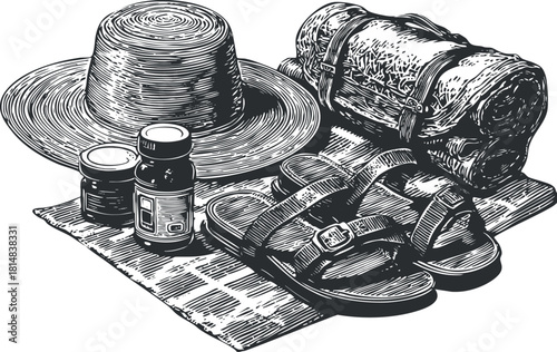Hand-drawn vintage vector illustration of vacation essentials including a sun hat, sandals, blanket, and sunscreen for outdoor adventures