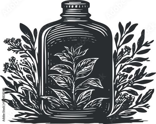 Vintage-style vector illustration of a bottle surrounded by botanical elements, perfect for eco-friendly design and packaging.