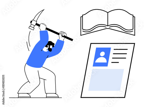 Data mining. A worker mining data by a pickaxe, book, and profile card. Data mining s extracting information and digital resources. For technology, business, and analytics