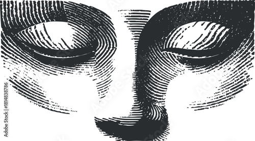 Stylized black and white vector illustration of a cat's face featuring expressive eyes, perfect for art and design projects