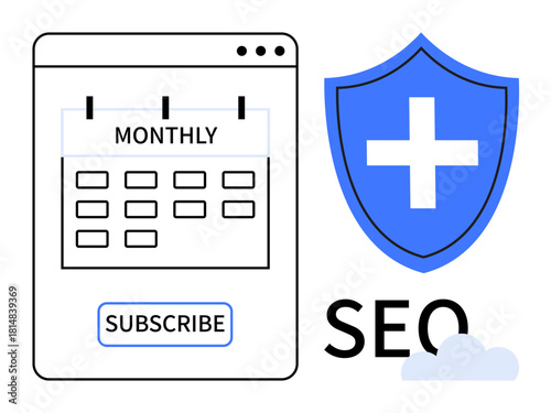 Calendar interface with Monthly header and Subscribe button paired with blue shield symbolizing SEO security. Ideal for digital marketing, subscription management, data security, strategy planning