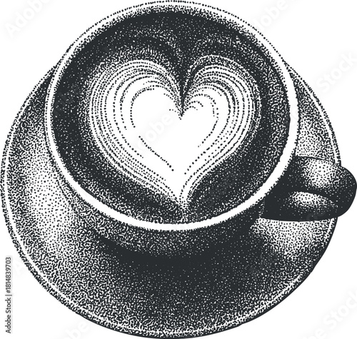 Detailed black and white vector illustration of a coffee cup with heart-shaped latte art for cafe branding and design projects