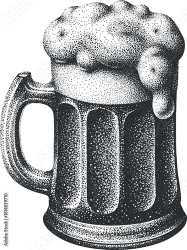 Vintage dot-style vector illustration of a beer mug overflowing with frothy foam, ideal for bar and restaurant designs