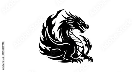 Stylized black dragon silhouette with flames illustration.