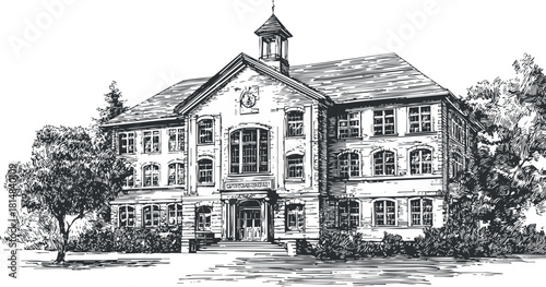 Detailed black and white vector illustration of a historic school building surrounded by trees, ideal for educational themes and heritage projects
