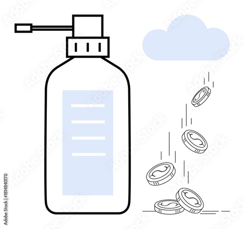 Liquid dispenser paired with coins falling from a cloud, representing value exchange, financial growth, savings, investment, resource management, conceptual economy, efficient use, simple flat