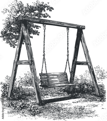 Detailed black and white vector illustration of a wooden swing set in a natural outdoor setting, ideal for children's play and leisure designs
