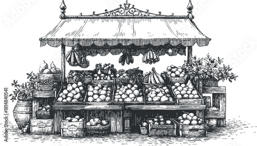 Detailed black and white vector illustration of a vintage market stall filled with various fruits and vegetables for local farmers' markets.