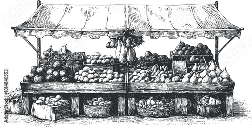 Detailed hand-drawn vector illustration of a vibrant farmers market stand filled with fresh fruits and vegetables.