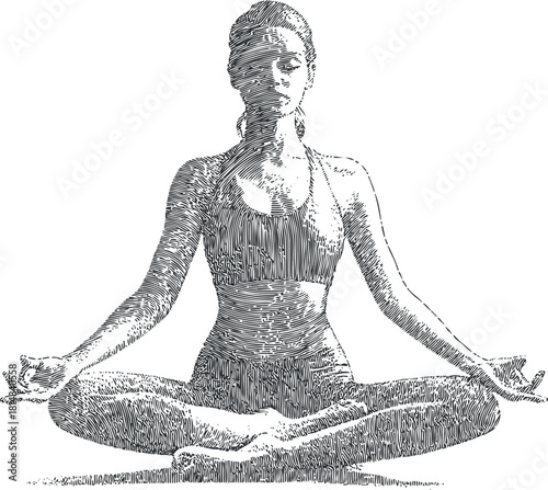 Artistic outline illustration of a woman practicing yoga in a meditative pose, ideal for wellness and fitness themes