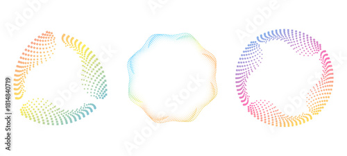 Colorful gradient spiral halftone rings set. Radiant dotted circle waves with fast motion and rotation effect for futuristic graphics, tech branding and neon vector backgrounds.