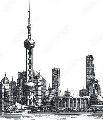 Detailed black and white vector illustration of Shanghai skyline featuring iconic landmarks and modern architecture for travel and design projects
