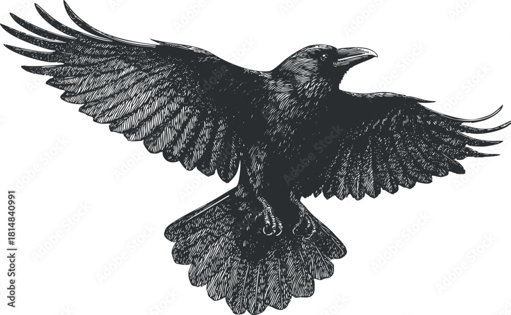 Obraz premium Detailed black and white vector illustration of a soaring raven, perfect for nature-themed designs and artistic projects