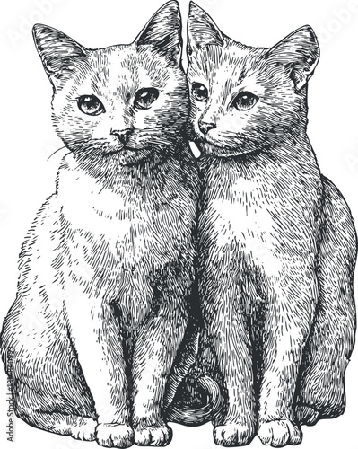 Detailed black and white vector illustration of two adorable cats sitting closely together, perfect for pet-themed design projects.