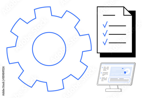 Gear symbolizing process, checklist for organization, and computer screen for technology. Ideal for workflow management, productivity, automation, task planning, digital strategy, organization